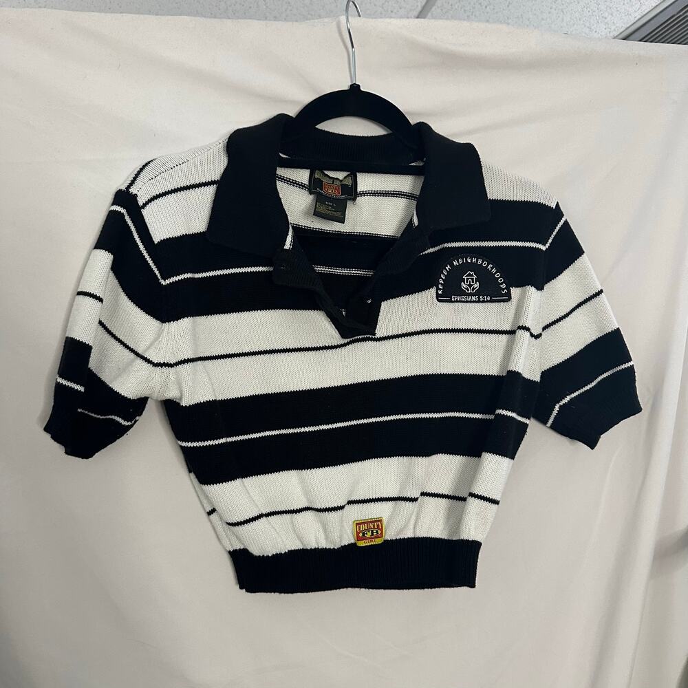 Vintage Cropped Short Sleeve Stripe Knit Sweater Top Black White Size Large
